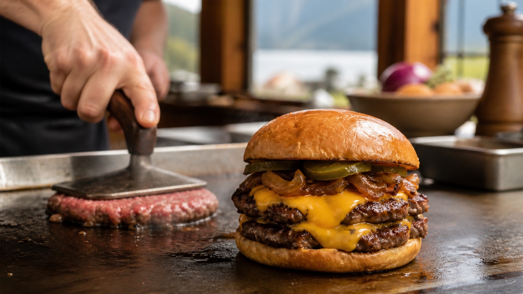 Préparation d’un smash burger au bœuf sur une plaque de cuisson